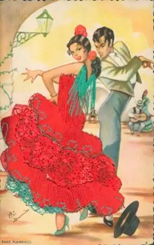 Seidenstick Künstler Ak Spanische Tracht, Tanzpaar, Flamenco