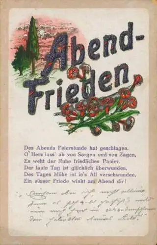 Glitzer Ak Abend-Frieden, Des Abends Feierstunde hat geschlagen...