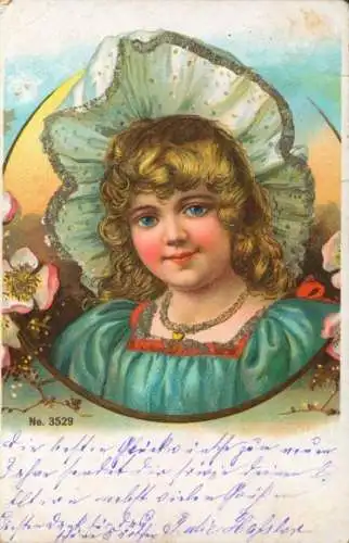 Glitzer Litho Mädchen-Portrait, Hut, Blumen