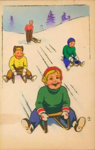 Künstler Ak Kinder fahren Schlitten, Schnee, Winter