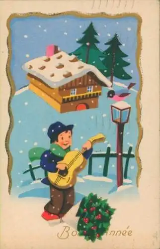Ak Glückwunsch Neujahr, Junge spielt Gitarre, Haus, Stechpalme