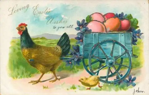 Präge Glitzer Litho Glückwunsch Ostern, Henne, Karren, Ostereier, Küken