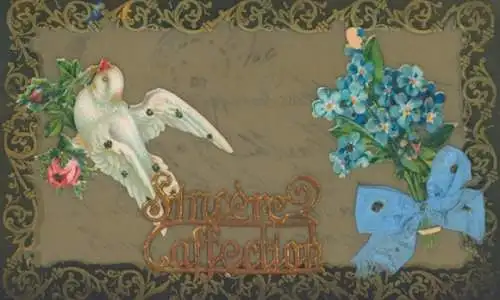 Zelluloid Ak Taube, Blumen, Stoffschleife, Vergissmeinnicht