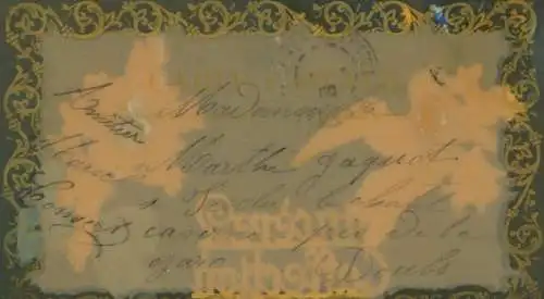 Zelluloid Ak Taube, Blumen, Stoffschleife, Vergissmeinnicht