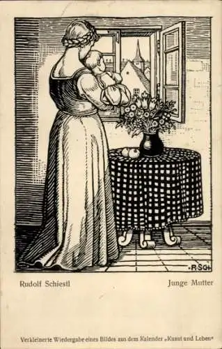 Künstler Ak Schiestl, Rudolf, Junge Mutter, Frau mit Kind am Fenster