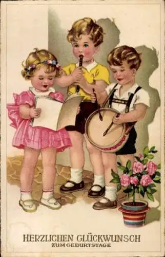 Ak Glückwunsch zum Geburtstag, Kinder musizieren und singen