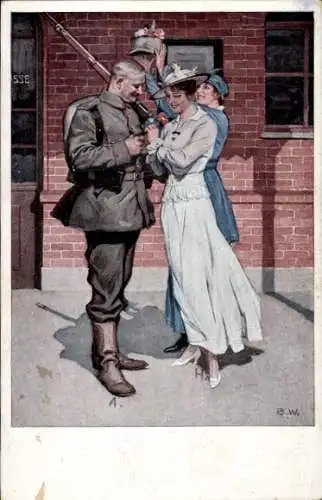 Künstler Ak Wennerberg, Bruno, Vor der Abfahrt, Soldat, Frauen