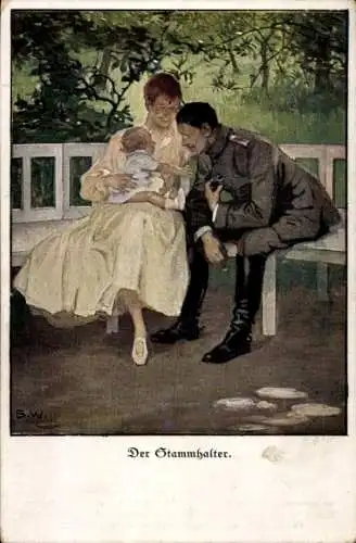 Künstler Ak Wennerberg, Bruno, Der Stammhalter, Soldat, Frau, Kind