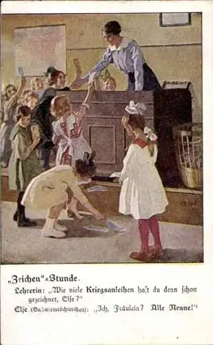 Künstler Ak Wennerberg, Bruno, Zeichenstunde, Kinder zeichnen Kriegsanleihen in der Schule, Lehrerin
