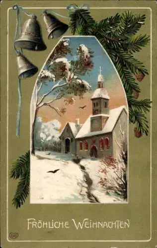 Präge Ak Frohe Weihnachten, Kirche im Schnee, Tannenzweig, Glocken