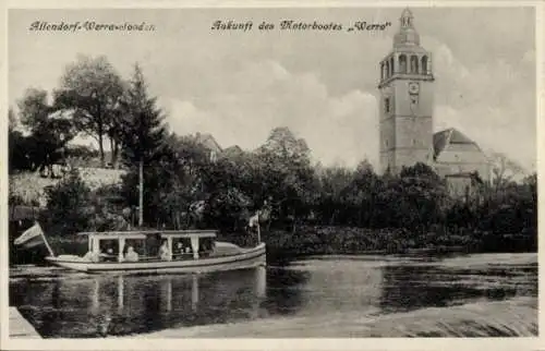 Ak Bad Sooden Allendorf in Hessen, Ankunft des Motorbootes Werra, Kirche