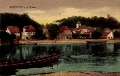 Ak Herstelle Beverungen an der Weser, Boot, Burg