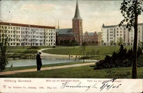 Ak Hamburg Barmbek, katholische Kirche, neue Parkanlagen