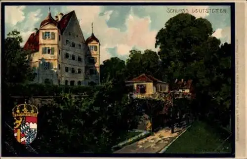Künstler Wappen Litho Leutstetten Starnberg, Schloss mit Nebenhaus