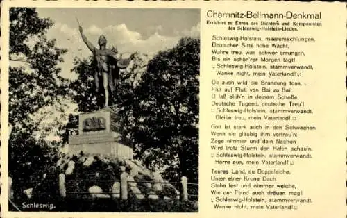Ak Schleswig an der Schlei, Chemnitz Bellmann Denkmal, Schleswig-Holstein-Lied