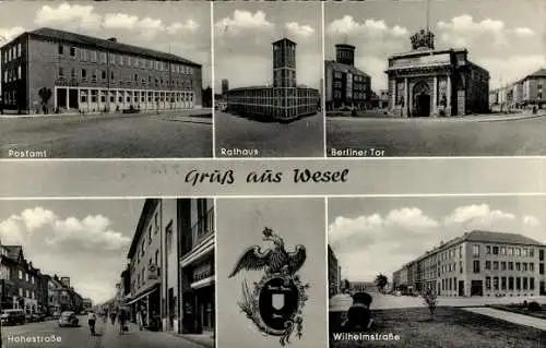Ak Wesel am Niederrhein, Wappen, Postamt, Rathaus, Berliner Tor, Hohestraße, Wilhelmstraße