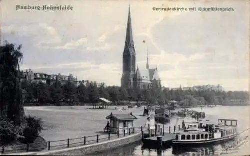 Ak Hamburg Nord Hohenfelde, Gertrudenkirche mit Kuhmühlenteich