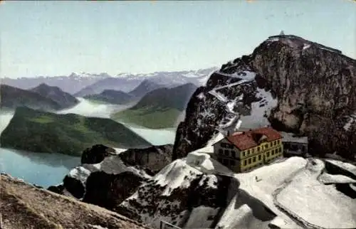 Ak Kanton Luzern Schweiz, Pilatus Kulm, Hotel Bellevue, Vierwaldstättersee und Glärnisch