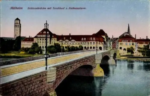 Ak Mülheim an der Ruhr, Schlossbrücke mit Stadtbad und Rathausturm