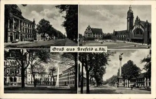 Ak Krefeld am Niederrhein, Brunnen, Fontäne, Säule, Bahnhof
