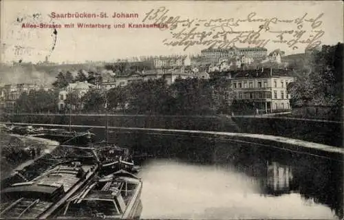 Ak St. Johann Saarbrücken im Saarland, Alleestraße mit Winterberg und Krankenhaus