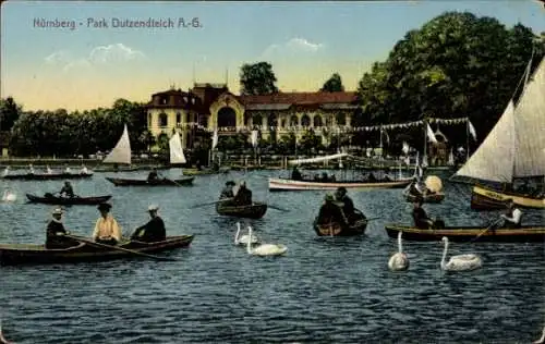 Ak Nürnberg in Mittelfranken, Park Dutzenteich A.-G., Boote, Schwäne