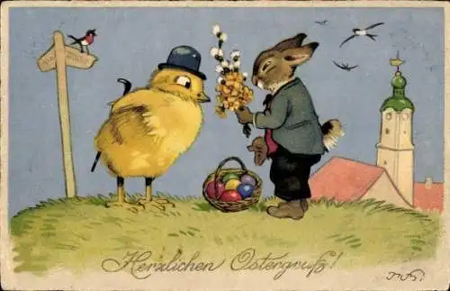 Künstler Ak Baumgarten, Fritz, Glückwunsch Ostern, Vermenschlichter Hase und Küken