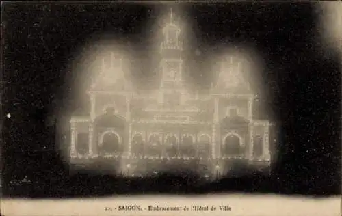 Ak Saigon Cochinchina Vietnam, Brand im Rathaus