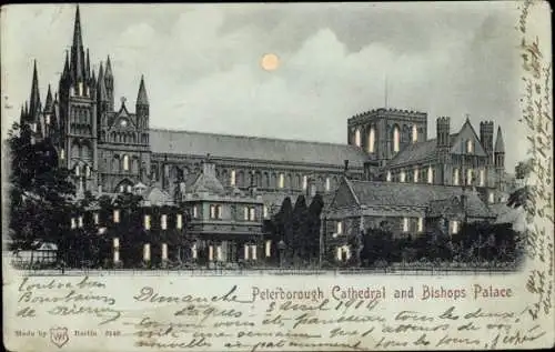 Mondschein Ak Peterborough Cambridgeshire England, Kathedrale, Bischofspalast