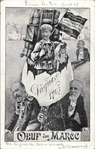 Ak Karikatur, Kaiser Wilhelm II., Edward VII, Emile Loubet, Oeuf au Maroc