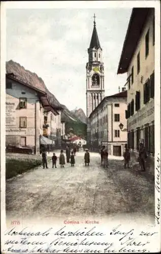 Ak Cortina d'Ampezzo Veneto, Kirche, Straßenpartie