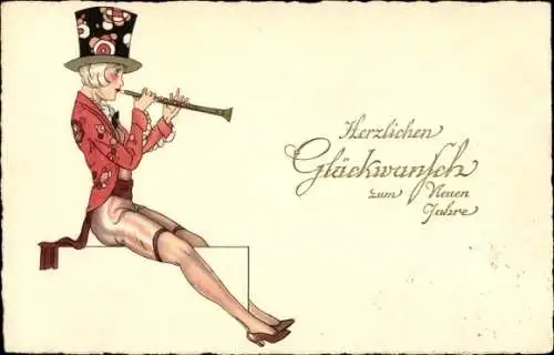 Ak Glückwunsch Neujahr, Frau mit Zylinder und Flöte