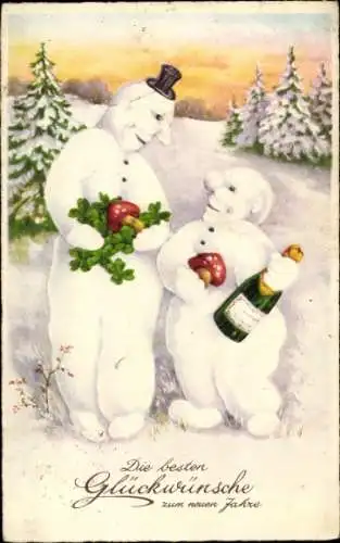 Ak Glückwunsch Neujahr, Schneemänner, Sektflaschen, Glücksklee, Pilze