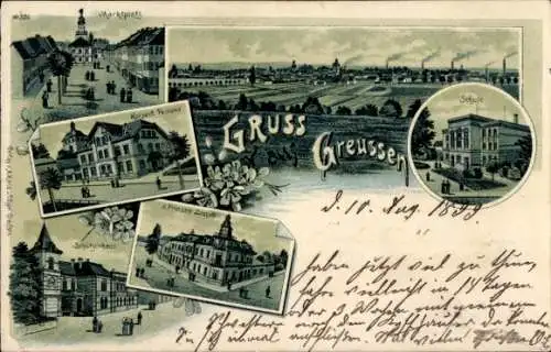 Litho Greußen in Thüringen, Marktplatz, Postamt, Schützenhaus, Zum Prinzen Leopold, Schule