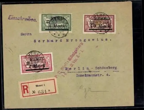 Michel Nr. 64, 91, 116 auf R-Brief, Memel-Berlin Schöneberg