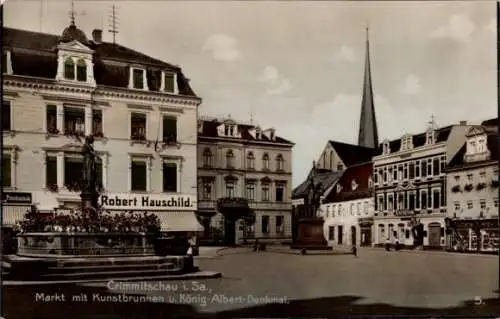 Ak Crimmitschau in Sachsen, Markt, Kunstbrunnen, König-Albert-Denkmal, Geschäft Robert Hauschild