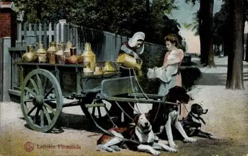 Ak Belgische Tracht, Milchmädchen, Hundekarren, Arbeitshund, Milchkrug