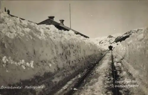 Ak Norwegen, Eisenbahn, Bahnschienen im Schnee