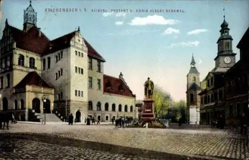 Ak Reichenbach im Vogtland, kaiserliches Postamt, König-Albert-Denkmal