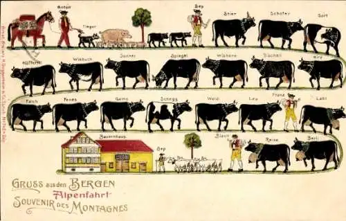 Präge Litho Alpenfahrt, Kühe, Bauernhaus, Ziegen, Schweine, Hund, Pferd
