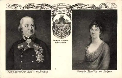 Wappen Ak König Maximilian Josef I. von Bayern, Königin Karoline von Bayern, Portraits