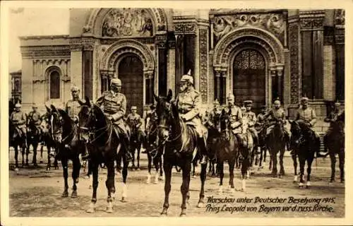 Ak Warszawa Warschau Polen, Prinz Leopold von Bayern vor russischer Kirche, 1915