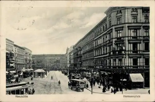 Ak Berlin Neukölln, Hermannplatz, Geschäfte, Straßenbahn