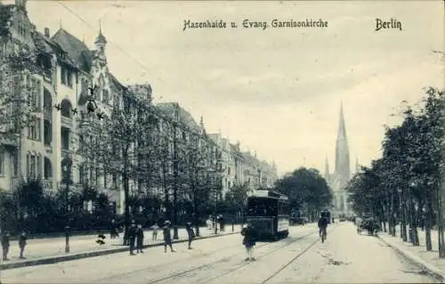 Ak Berlin Kreuzberg, Hasenhaide, Garnisonkirche, Straßenbahn