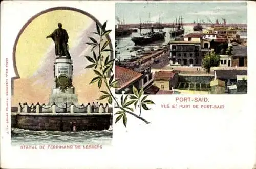 Ak Port Said Ägypten, Statue von Ferdinand de Lesseps, Panorama
