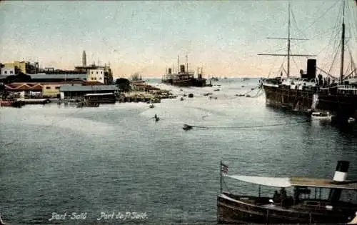 Ak Port Said Ägypten, Port, Hafen, Segelschiff, Leuchtturm, Boote