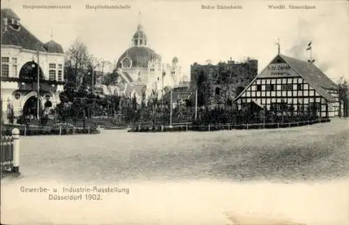 Ak Düsseldorf am Rhein, Gewerbe und Industrieausstellung 1902, Restaurant, Industriehalle,Bauernhaus