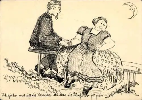 Künstler Ak Liebespaar, Holzbank, Mond, Gespräch