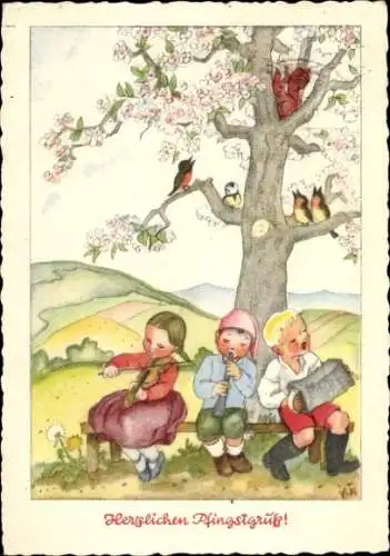 Künstler Ak Glückwunsch Pfingsten, Musizierende Kinder, Singende Vögel
