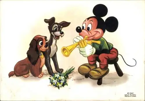 Künstler Ak Walt Disney, Micky Maus, Susi und Strolch